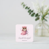 カップでかわいいピンクのフクロウ スクエア名刺 (スタンド正面)