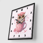 カップでかわいいピンクのフクロウ スクエア壁時計 (傾斜)