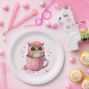 カップでかわいいピンクのフクロウ ペーパープレート