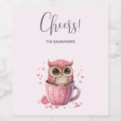 カップでかわいいピンクのフクロウ ワインラベル (シングルラベル)