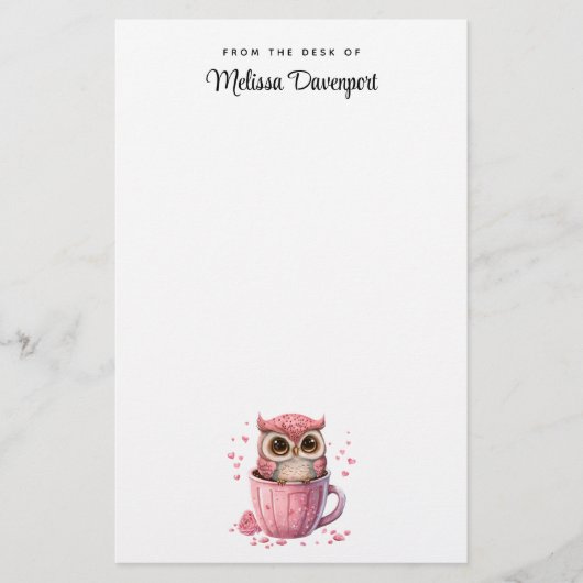 カップでかわいいピンクのフクロウ 便箋 (正面)