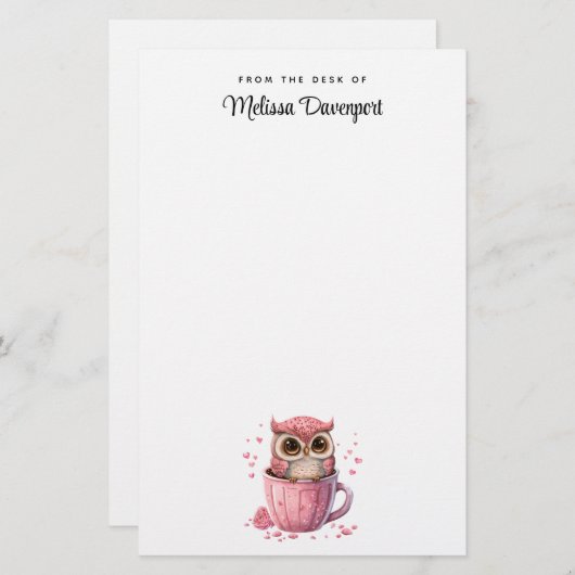 カップでかわいいピンクのフクロウ 便箋 (正面/裏面)