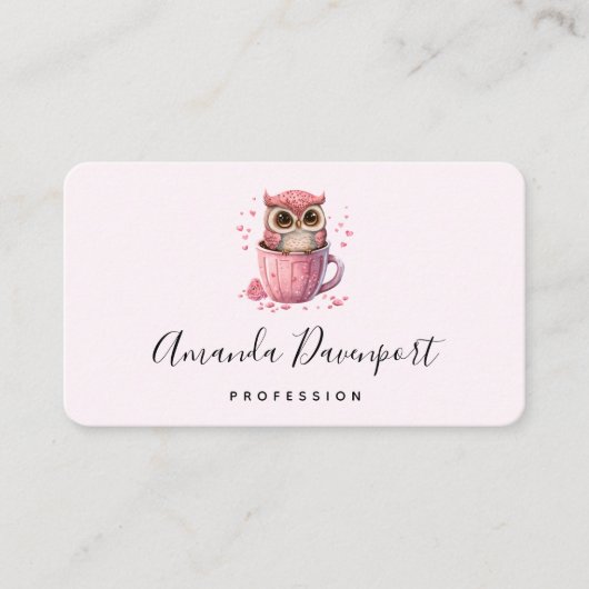 カップでかわいいピンクのフクロウ 名刺 (正面)