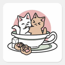 カップでくつろぐかわいい子猫たち - お茶の時間に癒されて スクエアシール