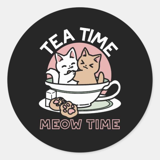 カップでくつろぐかわいい子猫たち - お茶の時間 ラウンドシール (正面)
