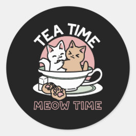 カップでくつろぐかわいい子猫たち - お茶の時間 ラウンドシール