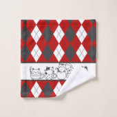 カップに入ったかわいい猫たち – 赤、白、濃いグレーアーガイル バスタオルセット (ウォッシュタオル)