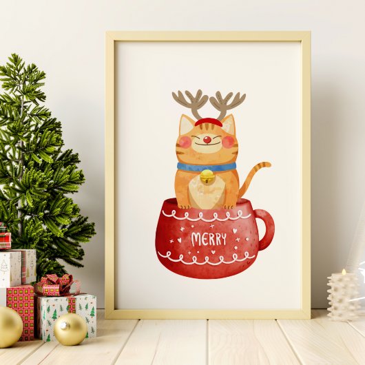 カップに入った猫のトナカイのツノと赤い鼻のクリスマス ポスター