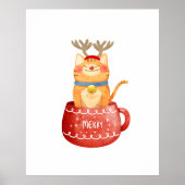 カップに入った猫のトナカイのツノと赤い鼻のクリスマス ポスター (正面)