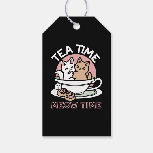 カップに猫ちゃんを丸める – 愛らしいティータイム ギフトタグ (正面)
