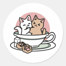 カップに猫ちゃんを丸める – 愛らしいティータイム ラウンドシール