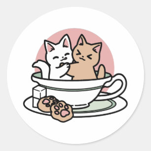 カップに猫ちゃんを丸める – 愛らしいティータイム ラウンドシール