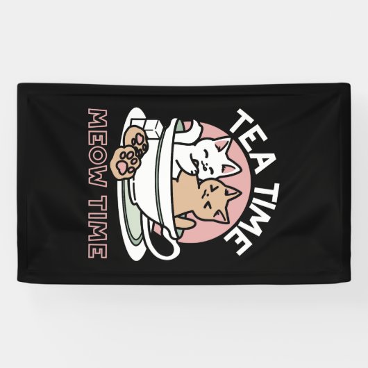 カップに猫ちゃんを丸める – 愛らしいティータイム 横断幕 (横)