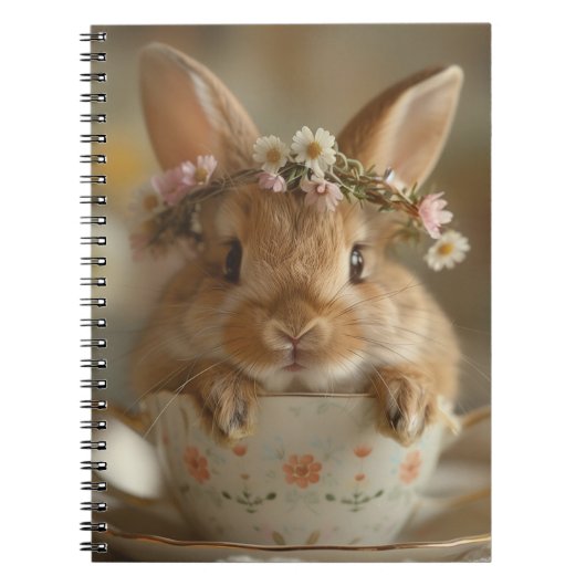 カップに花の冠を付けたかわいいバニー ノートブック (正面)