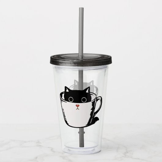 カップに赤い鼻を隠した黒い子猫 アクリルタンブラー (正面)