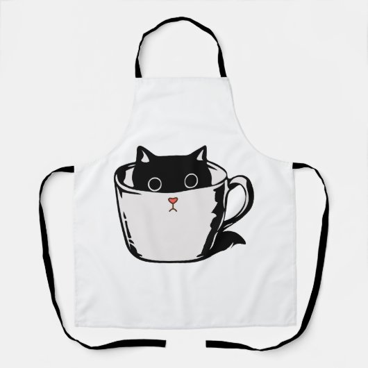 カップに赤い鼻を隠した黒い子猫 エプロン (正面)