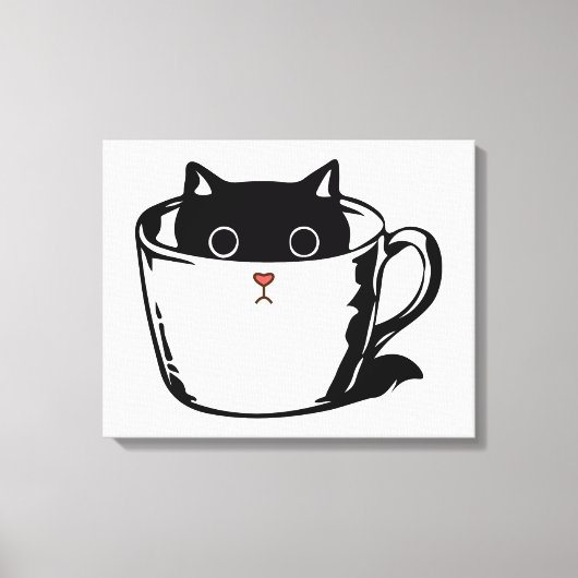 カップに赤い鼻を隠した黒い子猫 キャンバスプリント (正面)