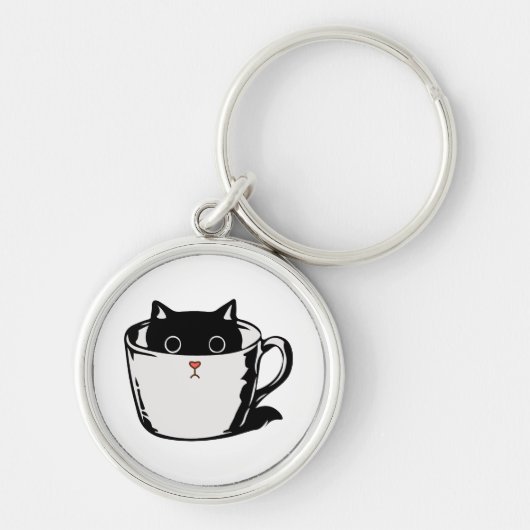 カップに赤い鼻を隠した黒い子猫 キーホルダー (正面)