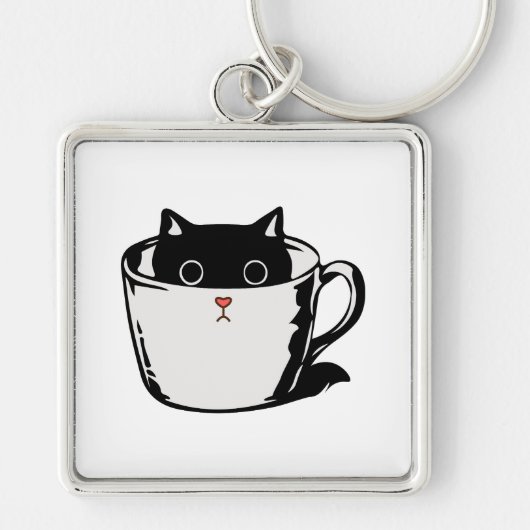カップに赤い鼻を隠した黒い子猫 キーホルダー (正面)