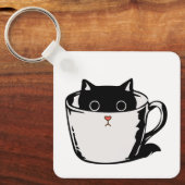 カップに赤い鼻を隠した黒い子猫 キーホルダー (正面)