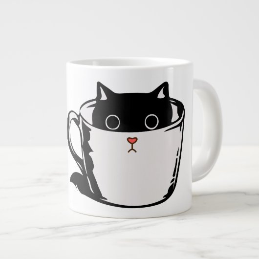 カップに赤い鼻を隠した黒い子猫 ジャンボコーヒーマグカップ (正面右)