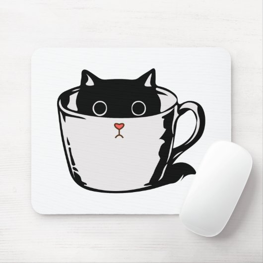 カップに赤い鼻を隠した黒い子猫 マウスパッド (マウス)
