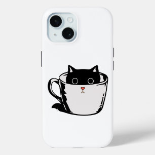カップに赤い鼻を隠した黒い子猫 iPhone 15ケース