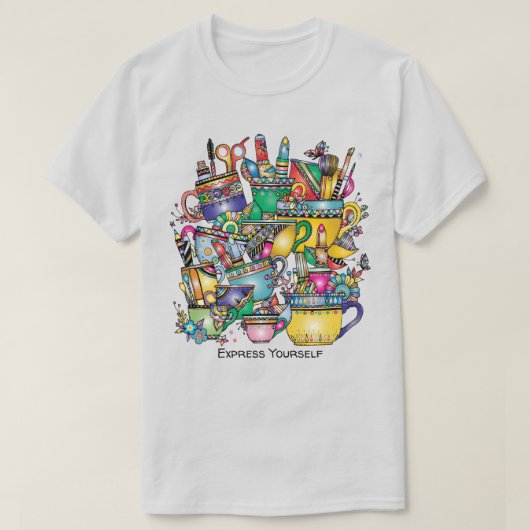 カップのアート用品カラフルパーソナライズ文字 Tシャツ (デザイン正面)