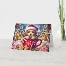 カップのクリスマスの中のかわいい子犬 シーズンカード