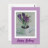 カップの誕生日アート絵画カードに紫色の花 ポストカード (正面/裏面)