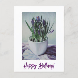 カップの誕生日アート絵画カードに紫色の花 ポストカード