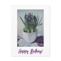 カップの誕生日アート絵画カードに紫色の花