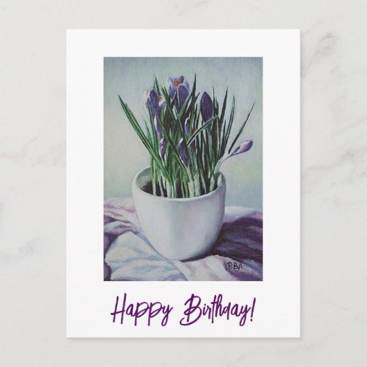 カップの誕生日アート絵画カードに紫色の花 ポストカード (正面)