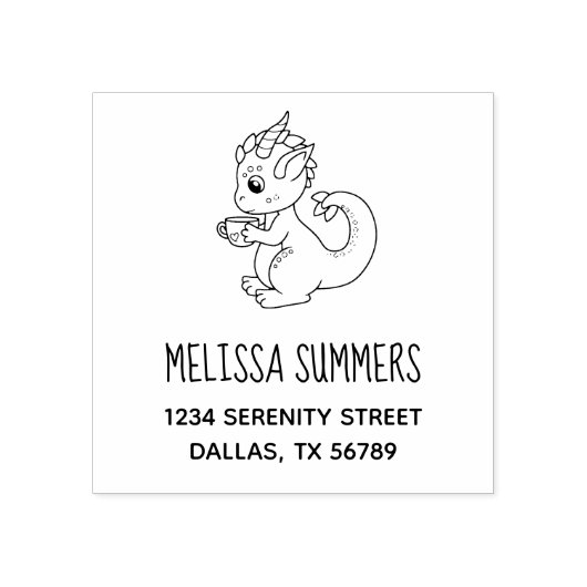 カップを持つかわいい小さなドラゴン ラバースタンプ (インプリント)