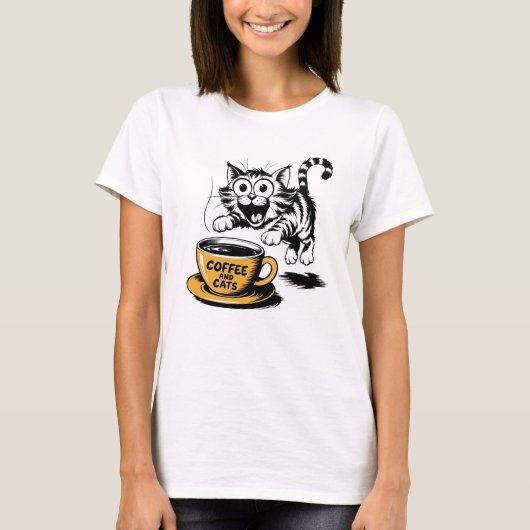 カップを持つかわいい猫のアート描画 Tシャツ (正面)
