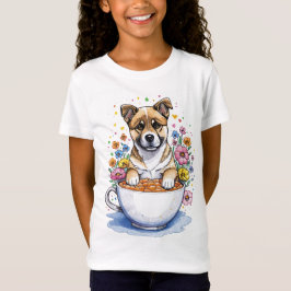 カップを持つ花の中のアメリカの秋田の子犬 Tシャツ