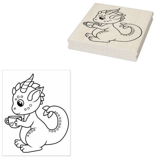 カップカラーリングページを持つかわいい小さな龍 ラバースタンプ (押印)