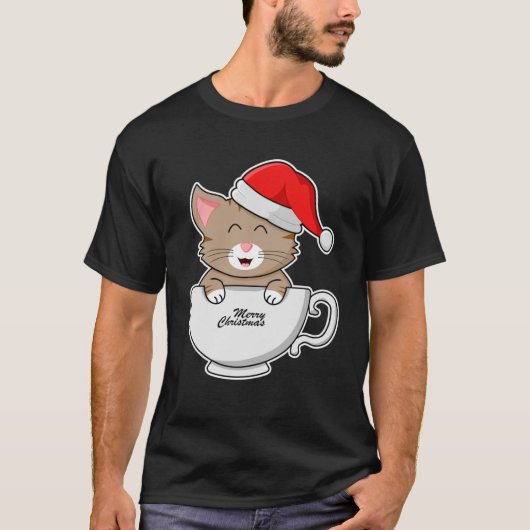 カップキリストにサンタハットを入れたクリスマスメリー猫 Tシャツ (正面)