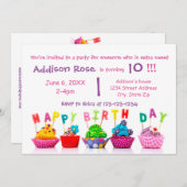 カップケカラフルーキ – ガール誕生日カード 招待状 (正面/裏面)