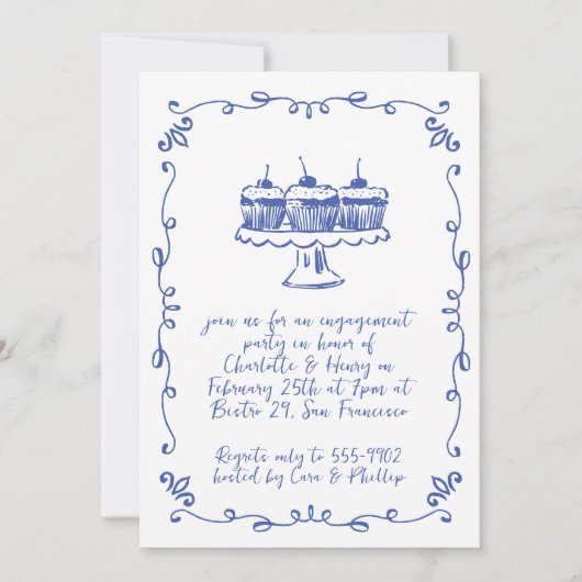 カップケモダンーキお洒落ドードル婚約パーティ 招待状 (正面)