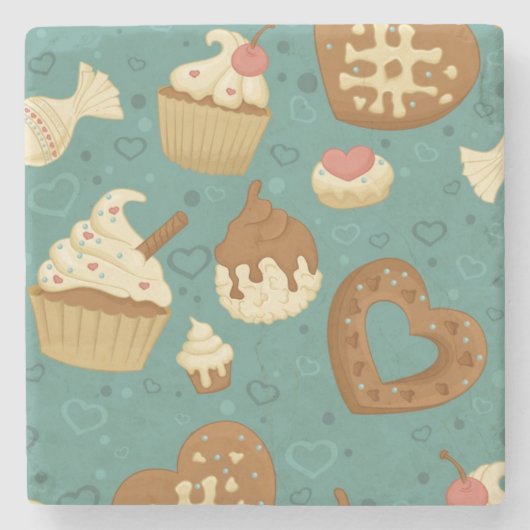 カップケーキおよびキャンデーが付いているパターン ストーンコースター (正面)