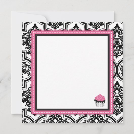 カップケーキおよびダマスク織のプリントの誕生日 カード (裏面)