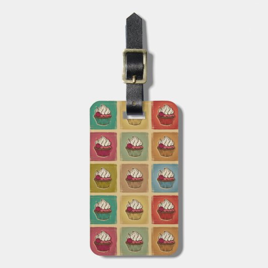カップケーキから成っているヴィンテージパターン ラゲッジタグ (正面縦)