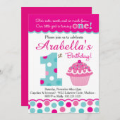 カップケーキかわいこちゃんパイ(ピンク&アクア)第1誕生日 招待状 (正面/裏面)