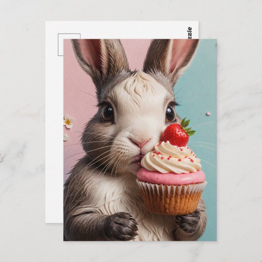 カップケーキが付いた愛らしいウサギ ポストカード (正面/裏面)