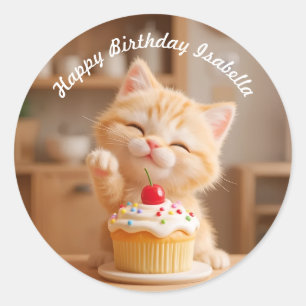 カップケーキが入ったかわいいオレンジ色の子猫 ラウンドシール