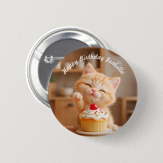 カップケーキが入ったかわいいオレンジ色の子猫 缶バッジ (正面&裏面)