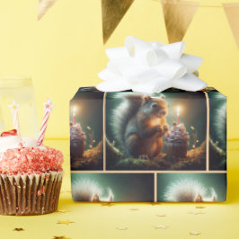 カップケーキが入ったかわいい誕生日リス ラッピングペーパー