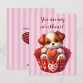 カップケーキが入ったバレンタインデーかわいい犬 シーズンカード (正面/裏面)