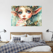 カップケーキが添えられた愛らしい小妖精や小人 キャンバスプリント (インサイチュ (寝室))